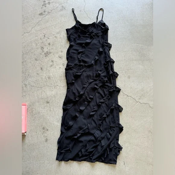 ASOS purchased / Rare London / strappy ruffle detail maxi dress w slit / black - Picture 6 of 13